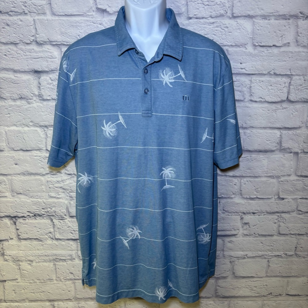 Travis Mathew Polo Shirt Men's XXL Blue Tropical Print Striped Golf Short Sleeve